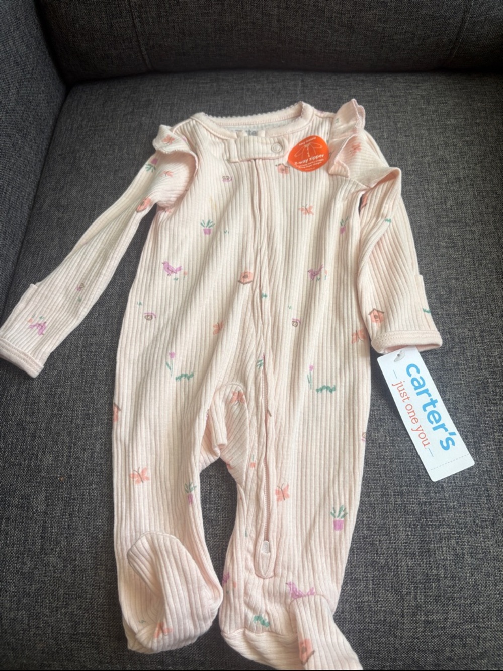 Carter's Light Pink Ribbed Floral Footed One-Piece